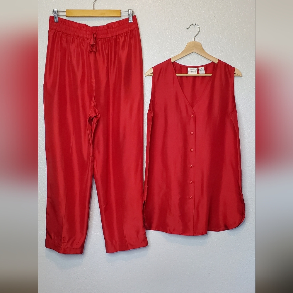 Silk Sleeveless Button-Front tunic Top & Drawstring Pants Set